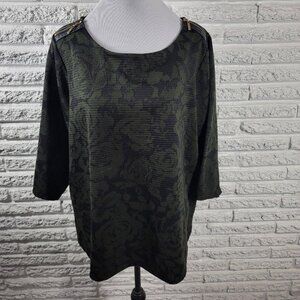 Rafaella Womens Top 2X Plus 3/4 Sleeve Green Roses Zip Shoulder FLO35E